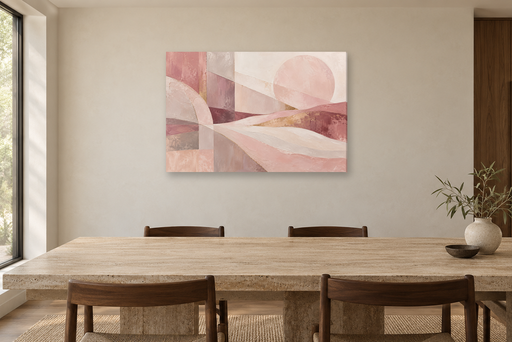 Rose Quartz Flow — horizontal canvas in a dining room, full original artwork