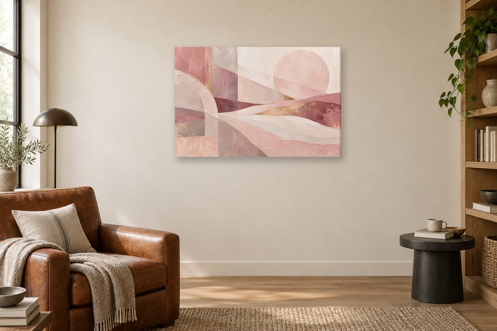 Rose Quartz Flow — horizontal canvas in a reading corner, full original artwork