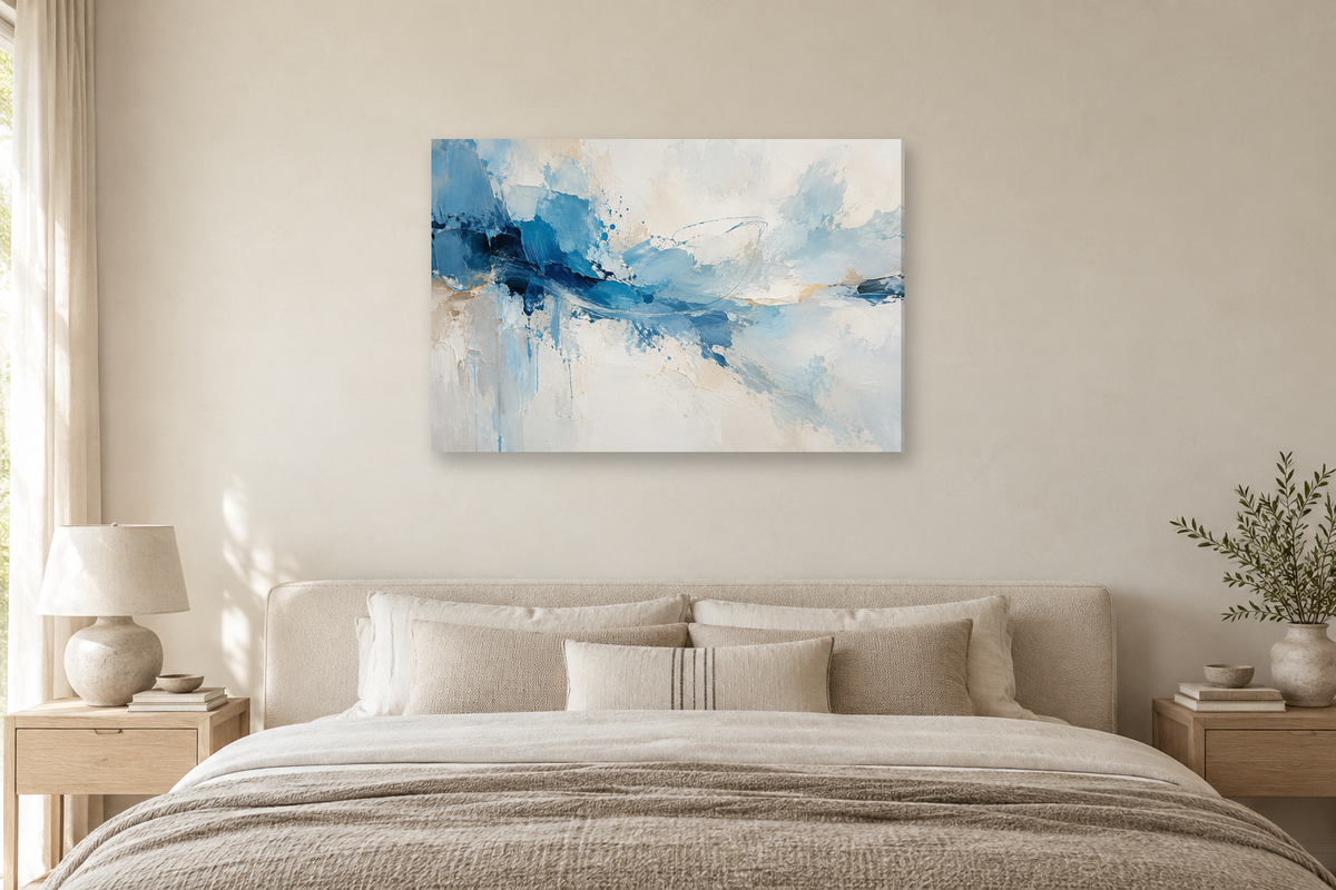 Cerulean Gesture — horizontal canvas in a bedroom, full original artwork