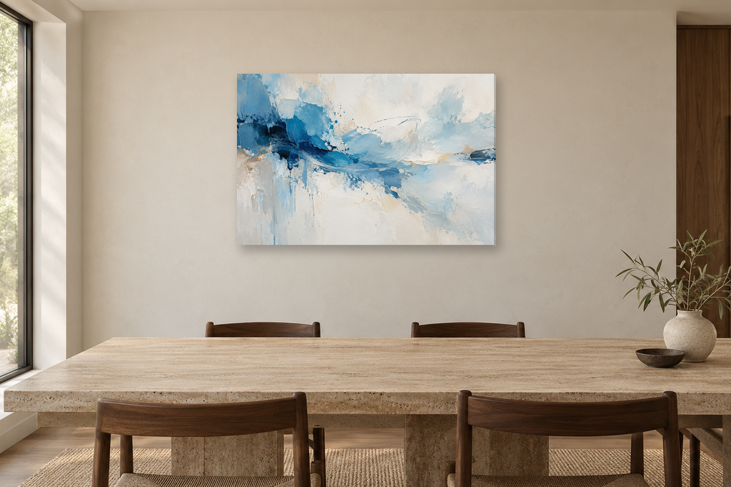 Cerulean Gesture — horizontal canvas in a dining room, full original artwork