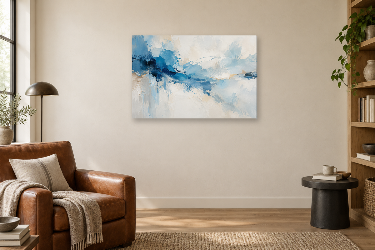Cerulean Gesture — horizontal canvas in a reading corner, full original artwork