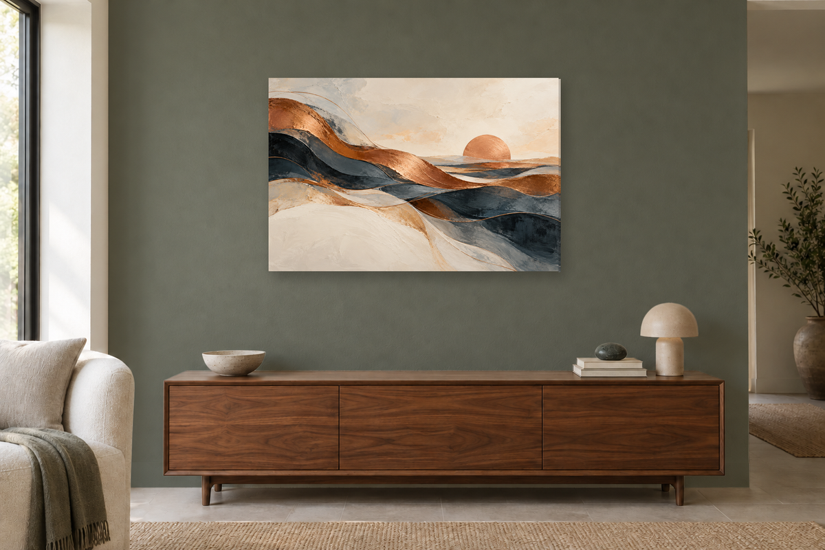 Copper Horizon — horizontal canvas in a living room, full original artwork