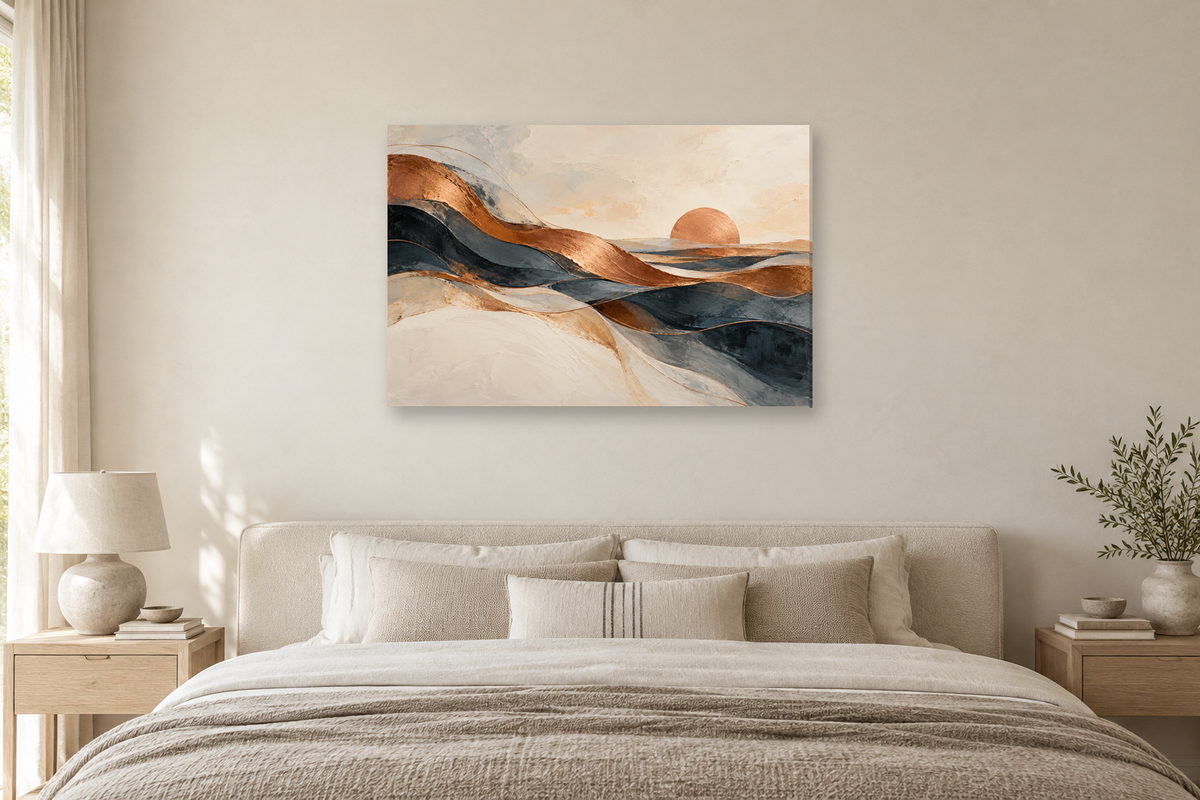 Copper Horizon — horizontal canvas in a bedroom, full original artwork