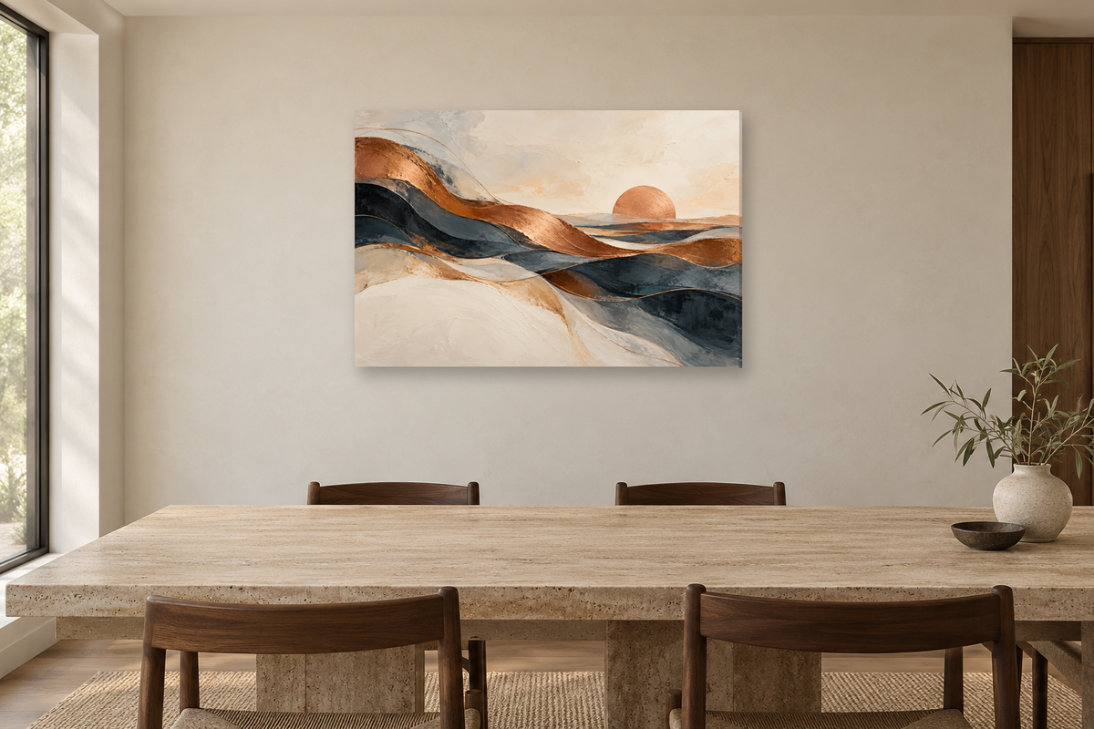 Copper Horizon — horizontal canvas in a dining room, full original artwork