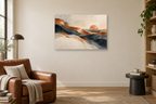 Copper Horizon — horizontal canvas in a reading corner, full original artwork