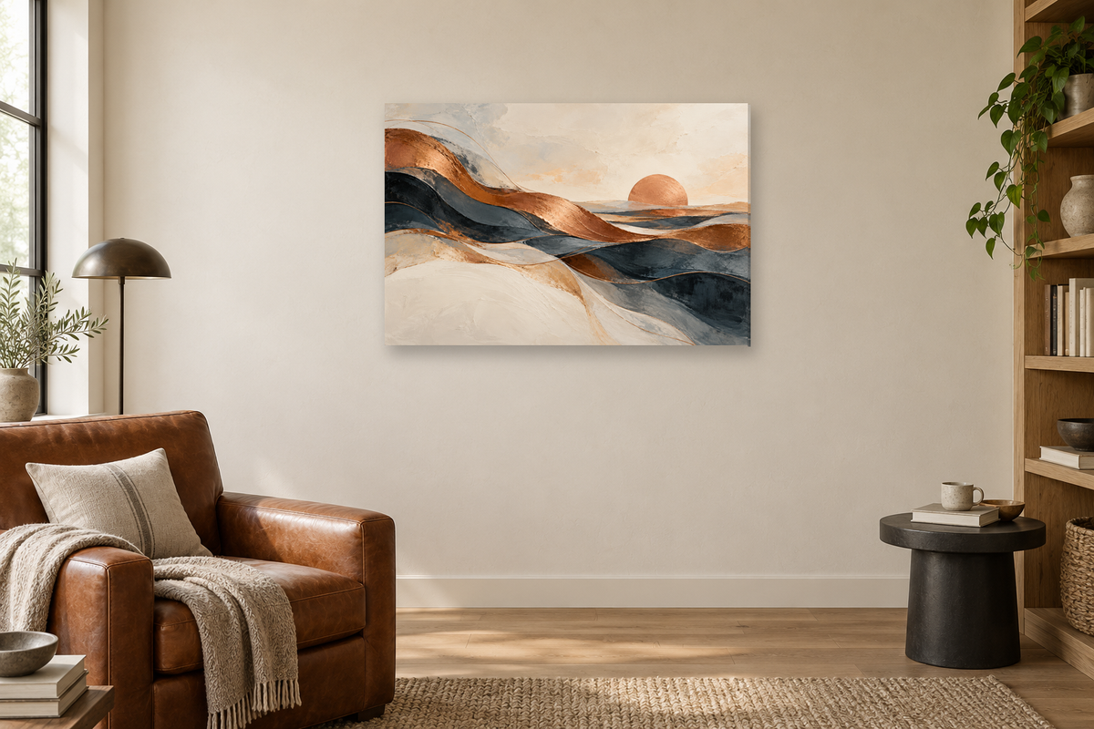 Copper Horizon — horizontal canvas in a reading corner, full original artwork
