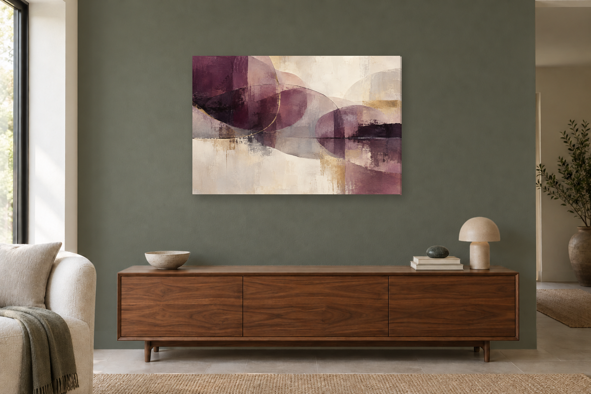 Plum Reverberation — horizontal canvas in a living room, full original artwork