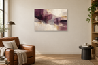 Plum Reverberation — horizontal canvas in a reading corner, full original artwork
