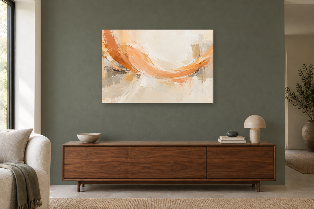 Apricot Arc — horizontal canvas in a living room, full original artwork