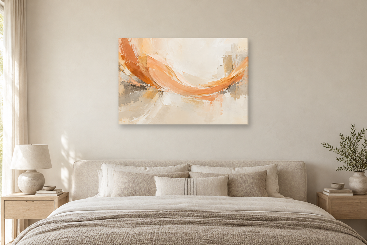 Apricot Arc — horizontal canvas in a bedroom, full original artwork