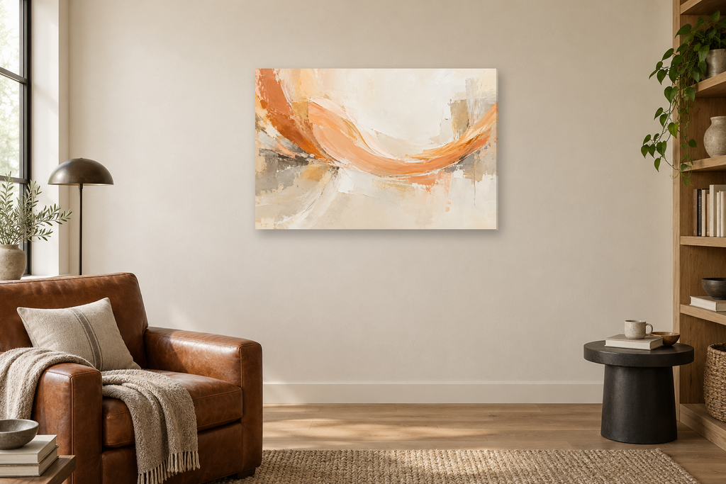 Apricot Arc — horizontal canvas in a reading corner, full original artwork