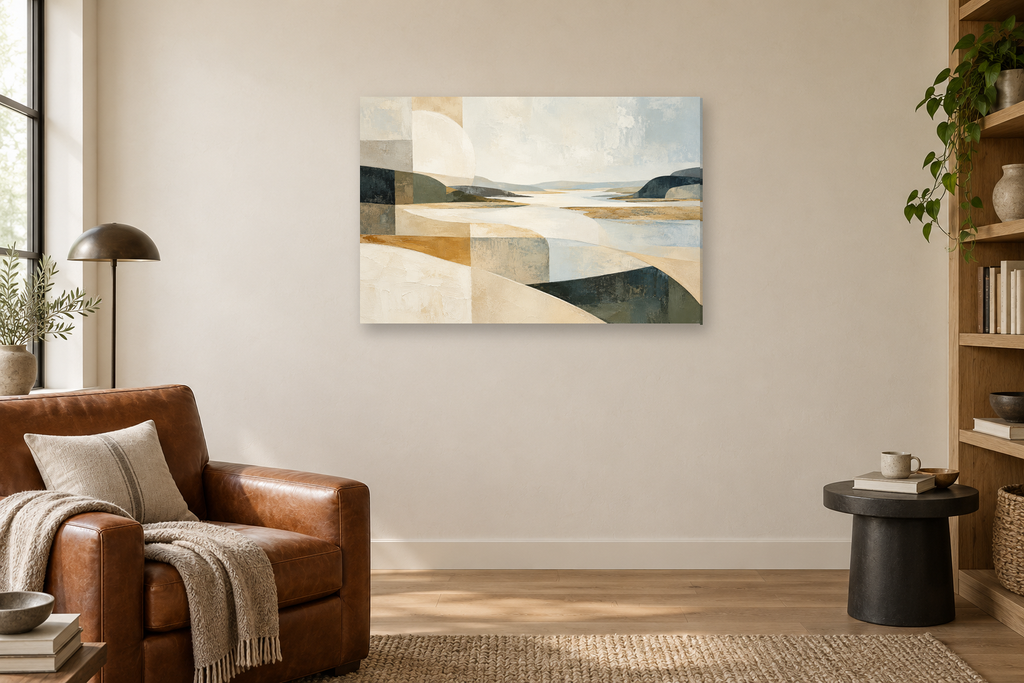 Ivory Estuary — horizontal canvas in a reading corner, full original artwork