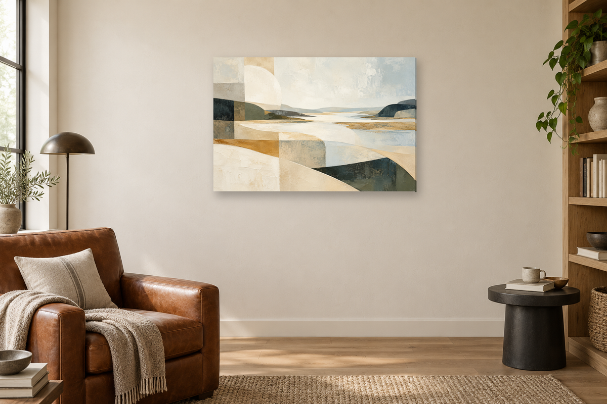 Ivory Estuary — horizontal canvas in a reading corner, full original artwork