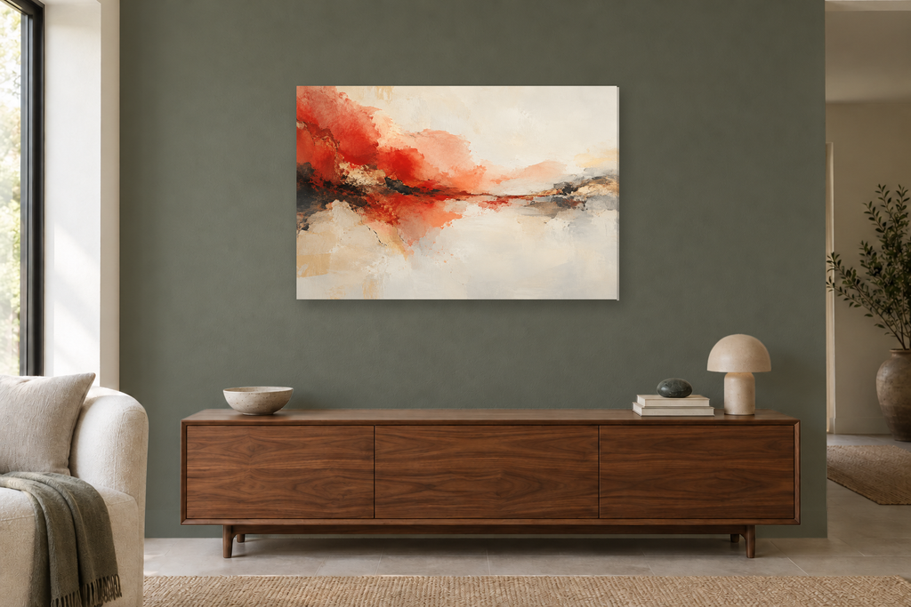 Vermilion Echo — horizontal canvas in a living room, full original artwork