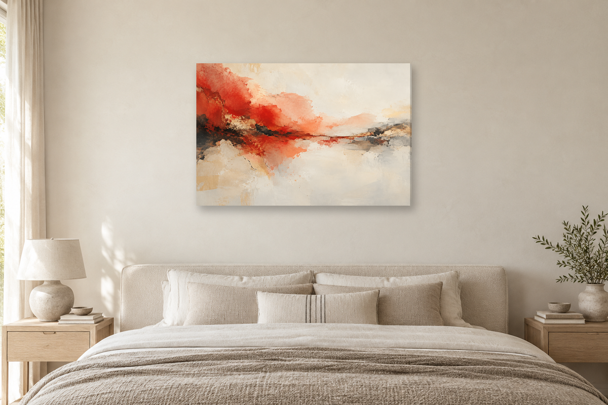 Vermilion Echo — horizontal canvas in a bedroom, full original artwork