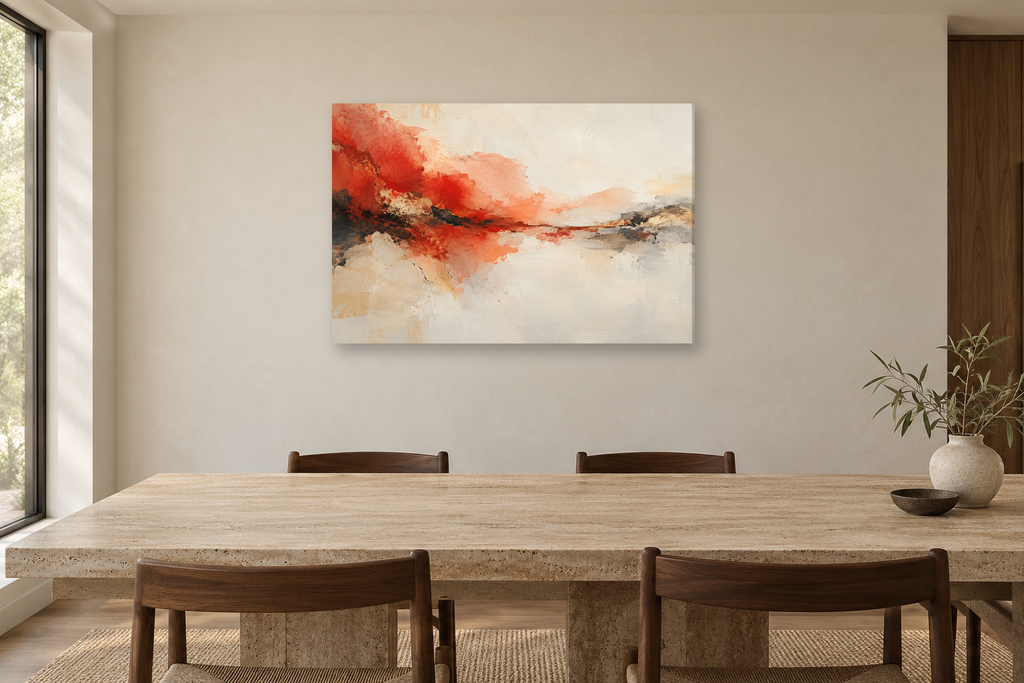 Vermilion Echo — horizontal canvas in a dining room, full original artwork