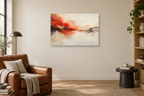 Vermilion Echo — horizontal canvas in a reading corner, full original artwork
