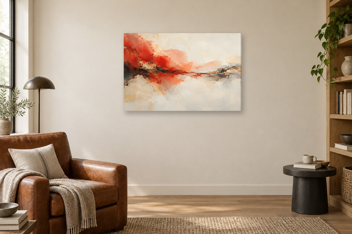 Vermilion Echo — horizontal canvas in a reading corner, full original artwork