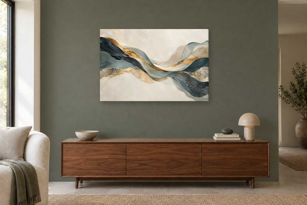 Mineral Balance — horizontal canvas in a living room, full original artwork