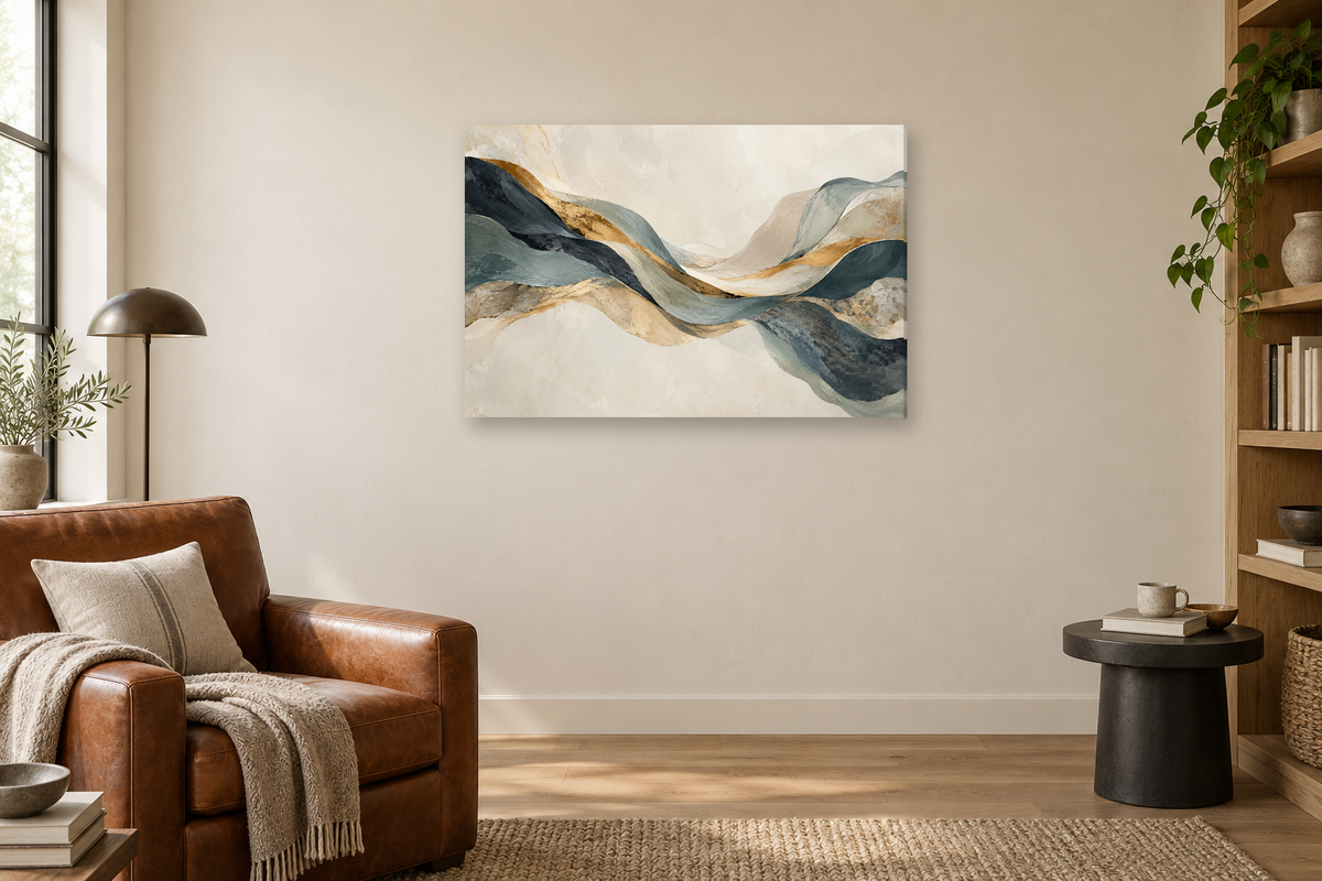 Mineral Balance — horizontal canvas in a reading corner, full original artwork