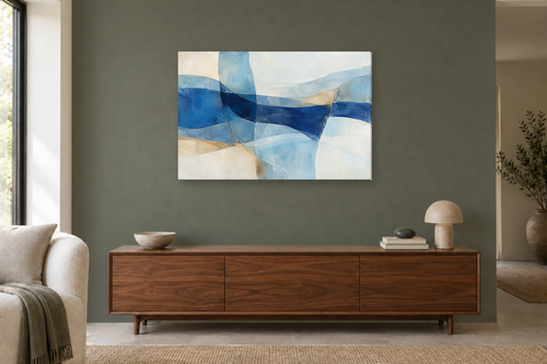 Azure Weave — horizontal canvas in a living room, full original artwork