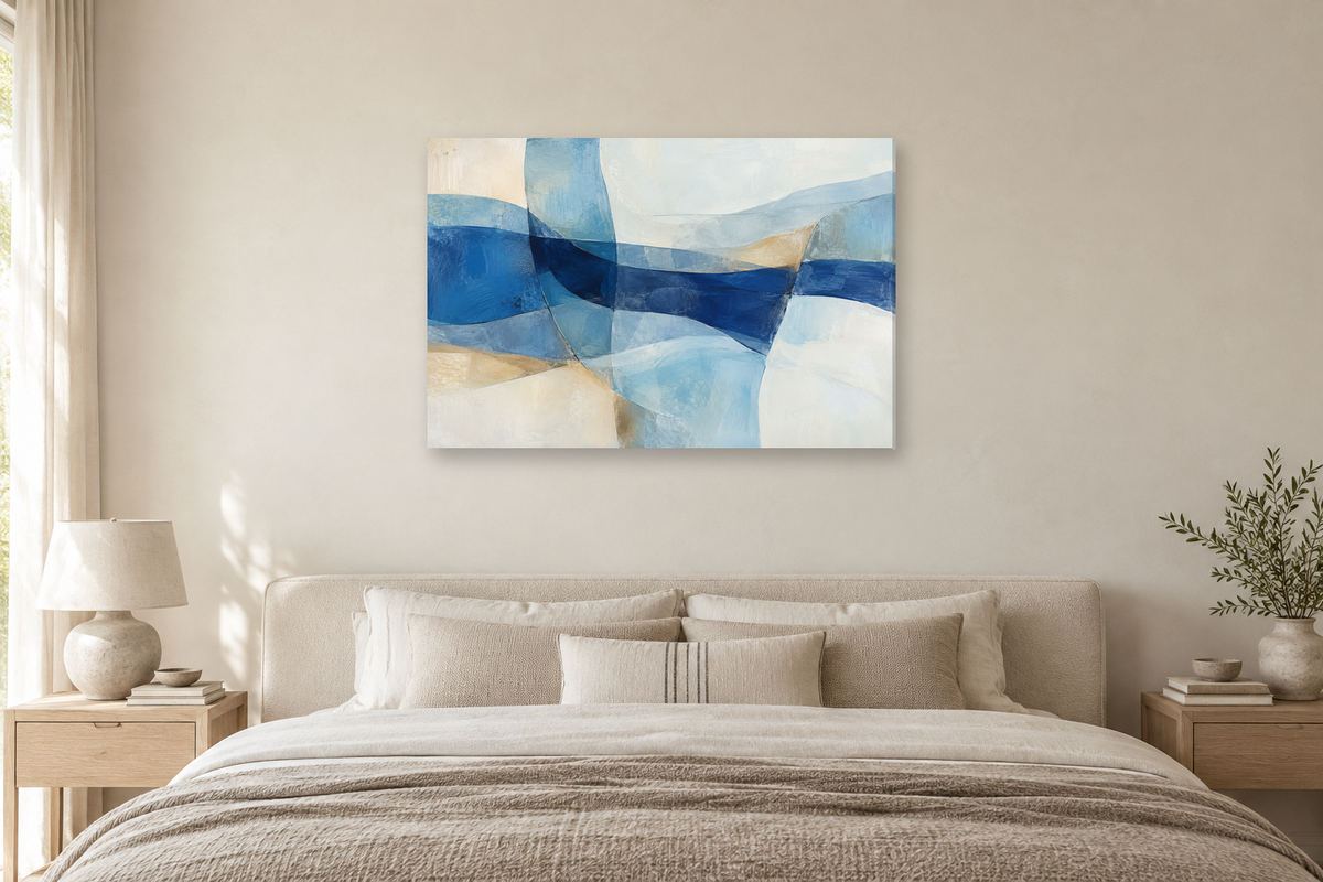 Azure Weave — horizontal canvas in a bedroom, full original artwork