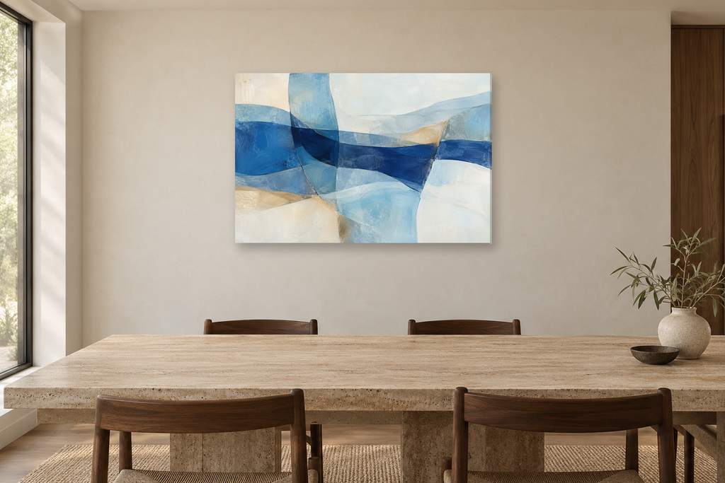Azure Weave — horizontal canvas in a dining room, full original artwork