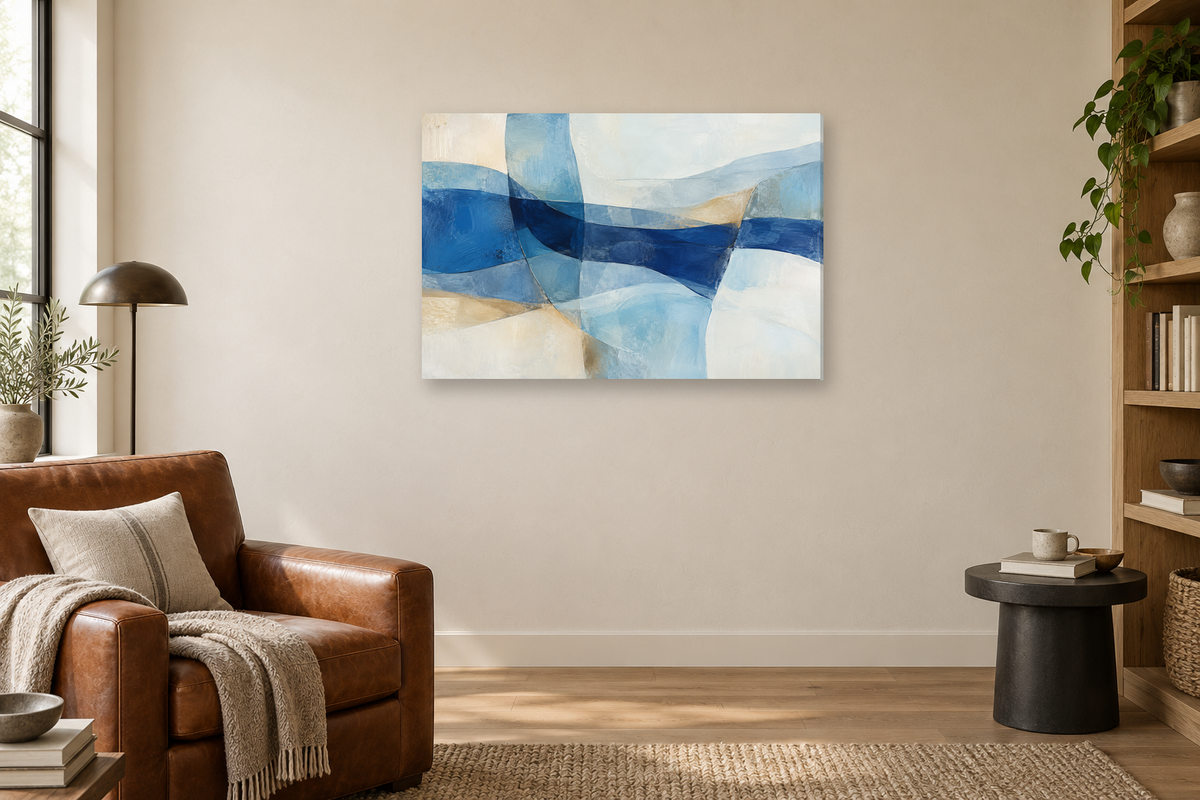 Azure Weave — horizontal canvas in a reading corner, full original artwork