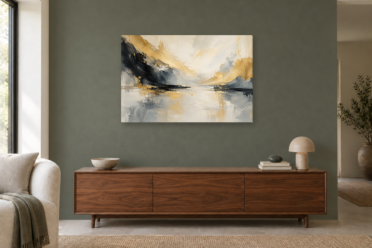 Golden Silence — horizontal canvas in a living room, full original artwork