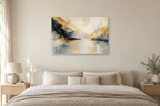 Golden Silence — horizontal canvas in a bedroom, full original artwork