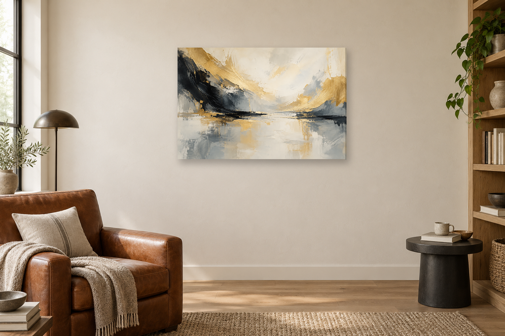 Golden Silence — horizontal canvas in a reading corner, full original artwork