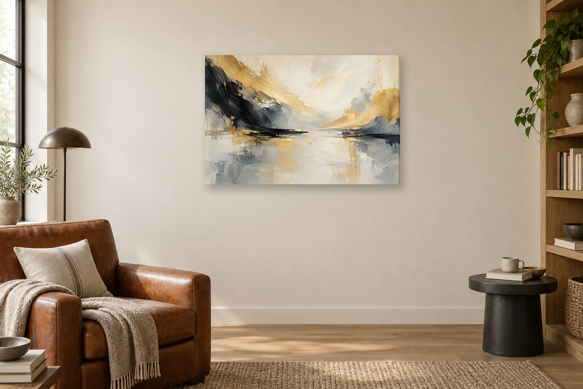 Golden Silence — horizontal canvas in a reading corner, full original artwork