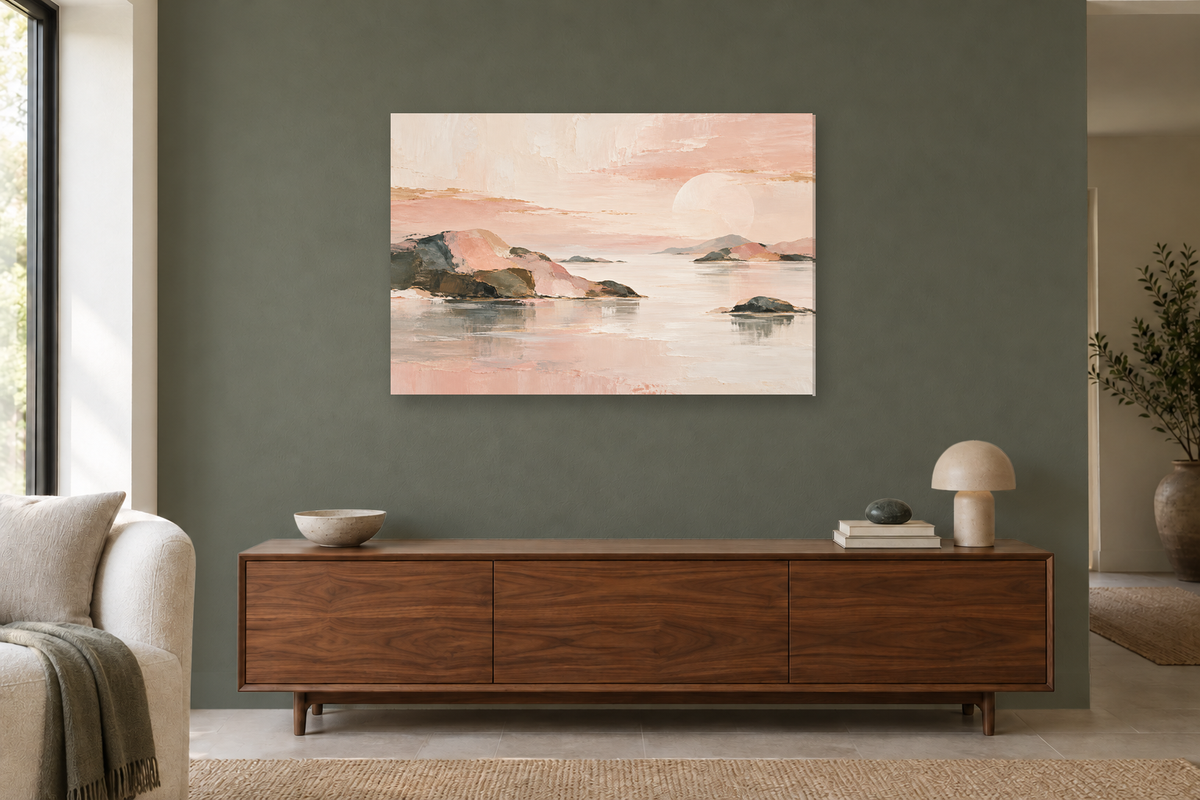 Blush Meridian — horizontal canvas in a living room, full original artwork