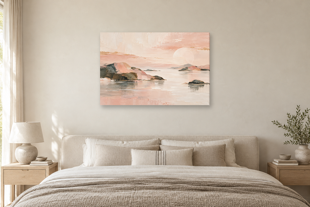 Blush Meridian — horizontal canvas in a bedroom, full original artwork