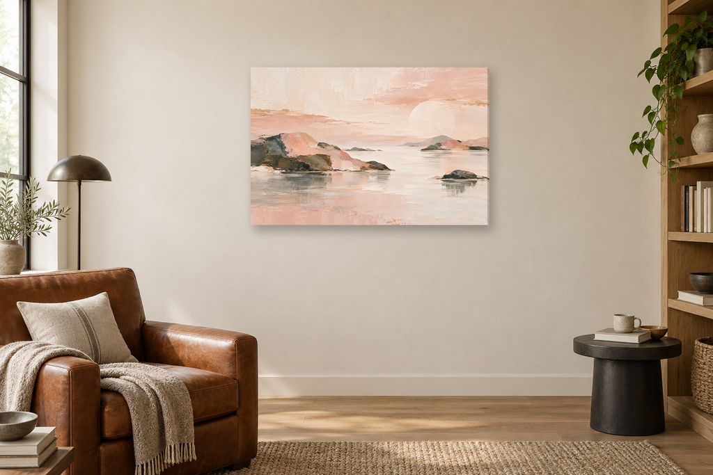 Blush Meridian — horizontal canvas in a reading corner, full original artwork