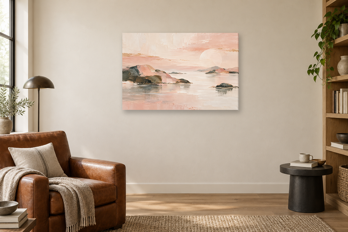 Blush Meridian — horizontal canvas in a reading corner, full original artwork