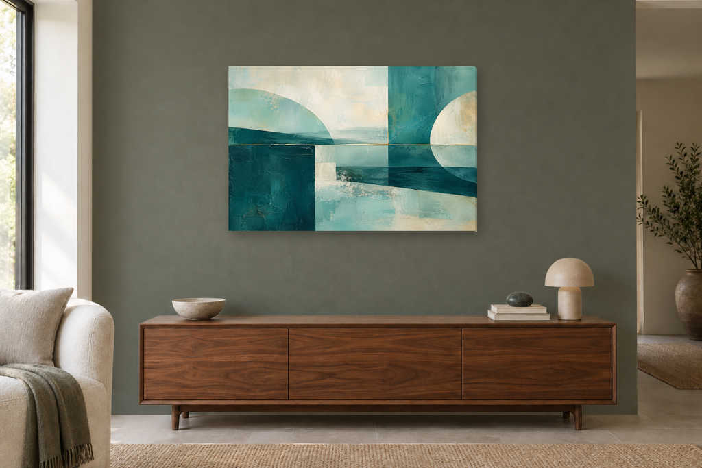 Teal Continuum — horizontal canvas in a living room, full original artwork