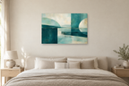 Teal Continuum — horizontal canvas in a bedroom, full original artwork