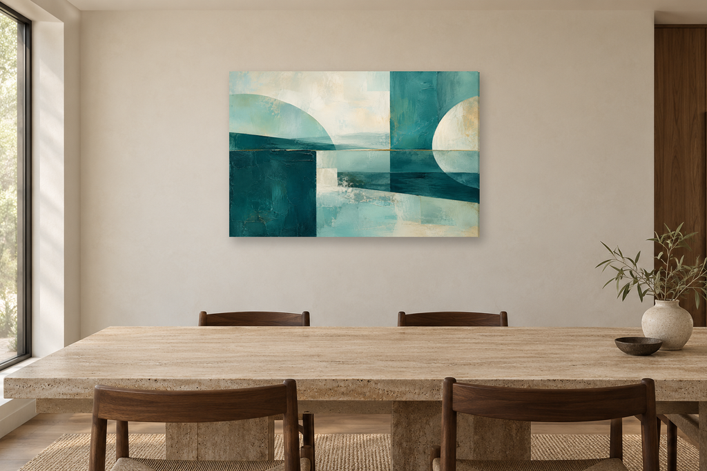 Teal Continuum — horizontal canvas in a dining room, full original artwork