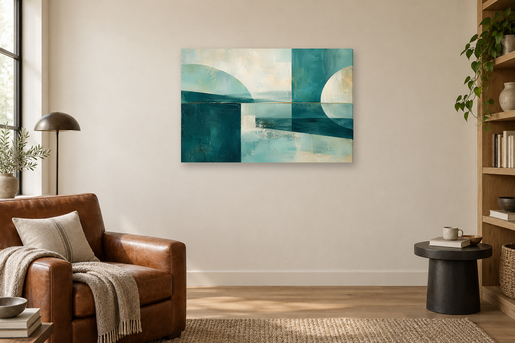 Teal Continuum — horizontal canvas in a reading corner, full original artwork