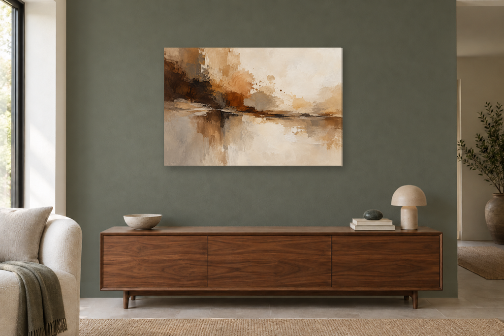 Umber Symphony — horizontal canvas in a living room, full original artwork