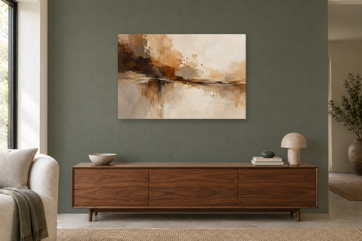 Umber Symphony — horizontal canvas in a living room, full original artwork