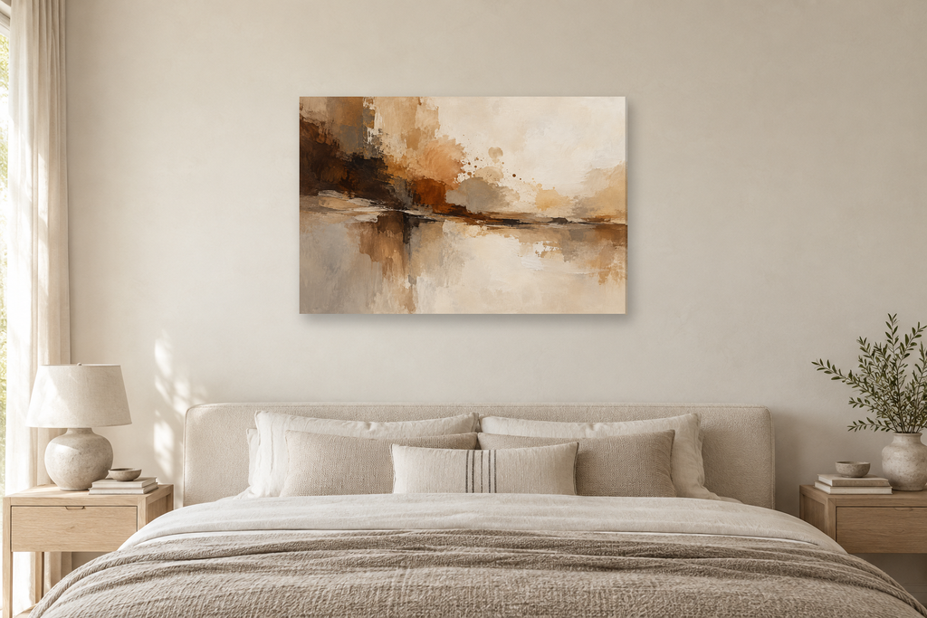 Umber Symphony — horizontal canvas in a bedroom, full original artwork