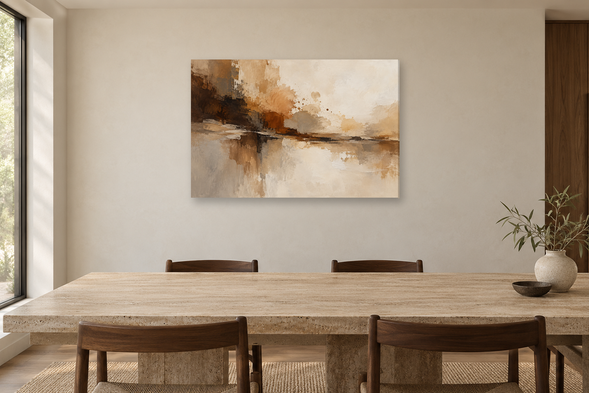 Umber Symphony — horizontal canvas in a dining room, full original artwork