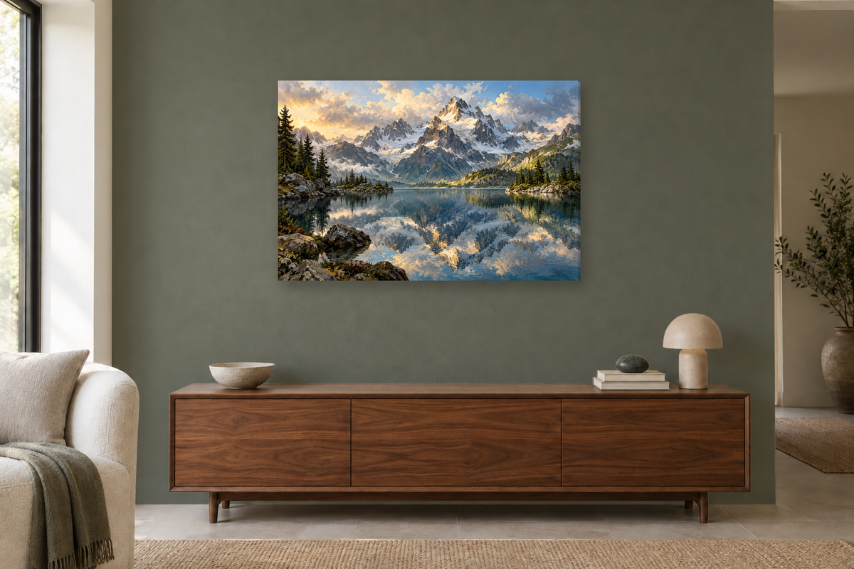 Alpine Mirror — horizontal canvas in a living room, full original artwork