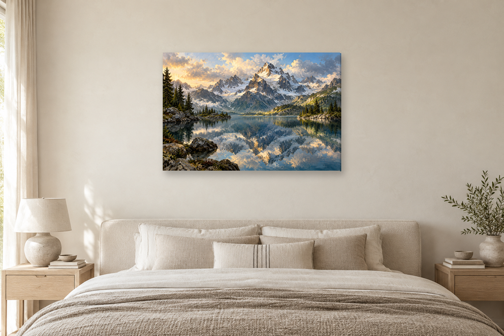 Alpine Mirror — horizontal canvas in a bedroom, full original artwork