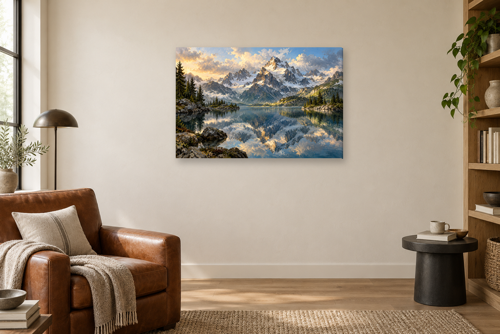Alpine Mirror — horizontal canvas in a reading corner, full original artwork