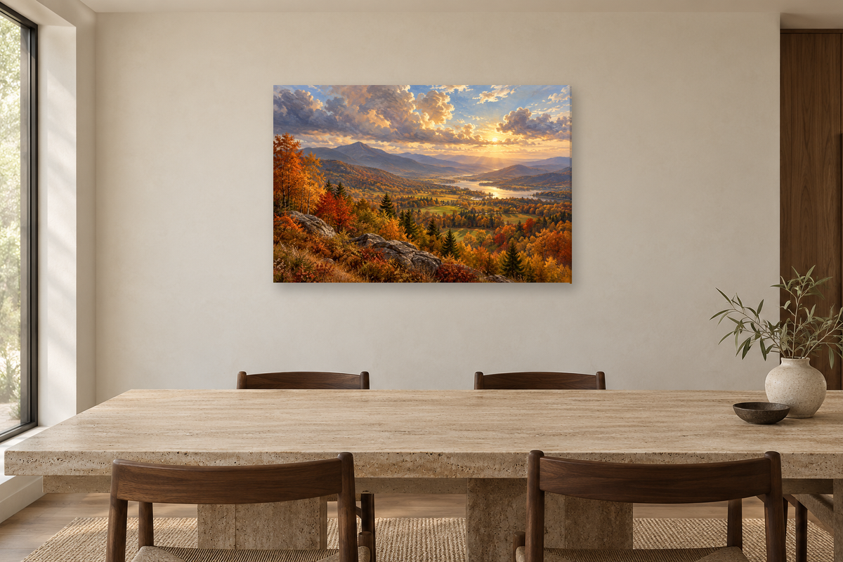 Autumn Valley — horizontal canvas in a dining room, full original artwork