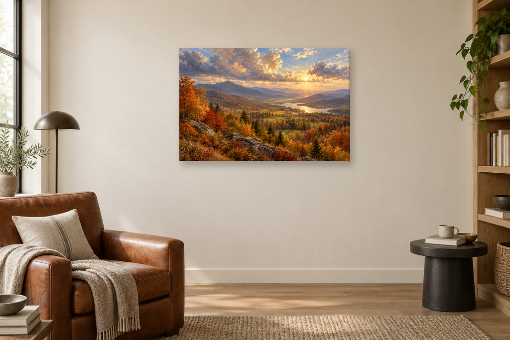 Autumn Valley — horizontal canvas in a reading corner, full original artwork