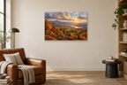 Autumn Valley — horizontal canvas in a reading corner, full original artwork